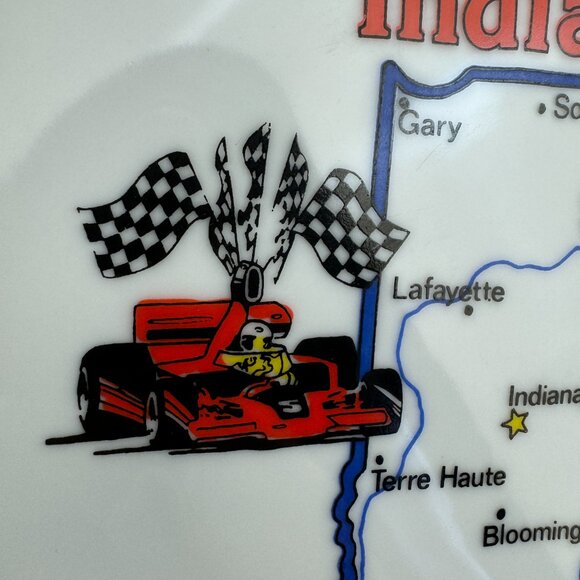 Vtg Indiana Round Souvenir Plate Bird Racecar Flower Ceramic White Cream Silver - Picture 7 of 13